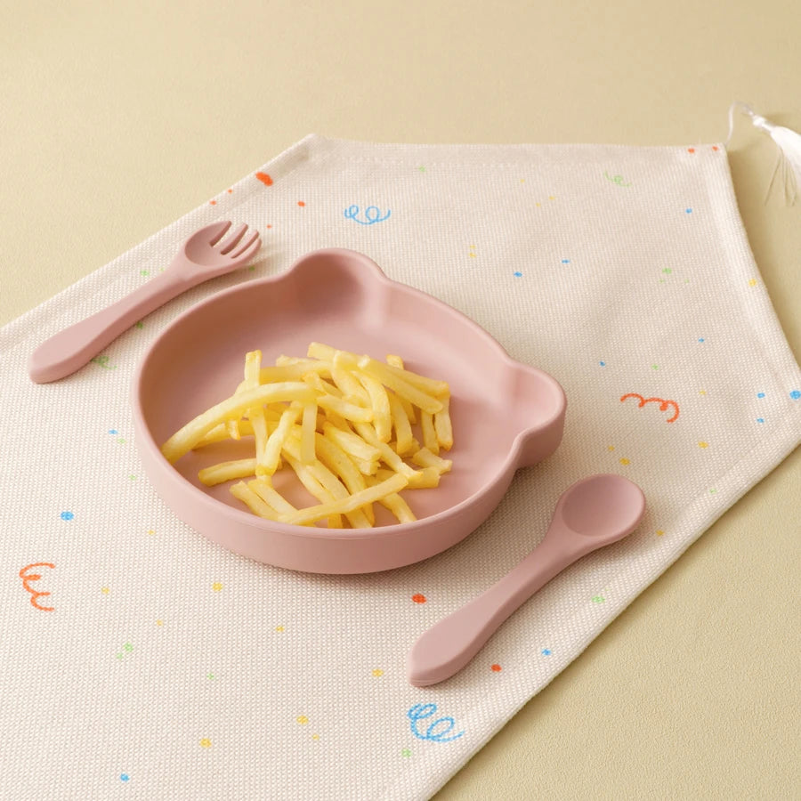 Vajilla para niños o bebé de silicona, plato con ventosa de succión sin BPA's, cuchara y tenedor.