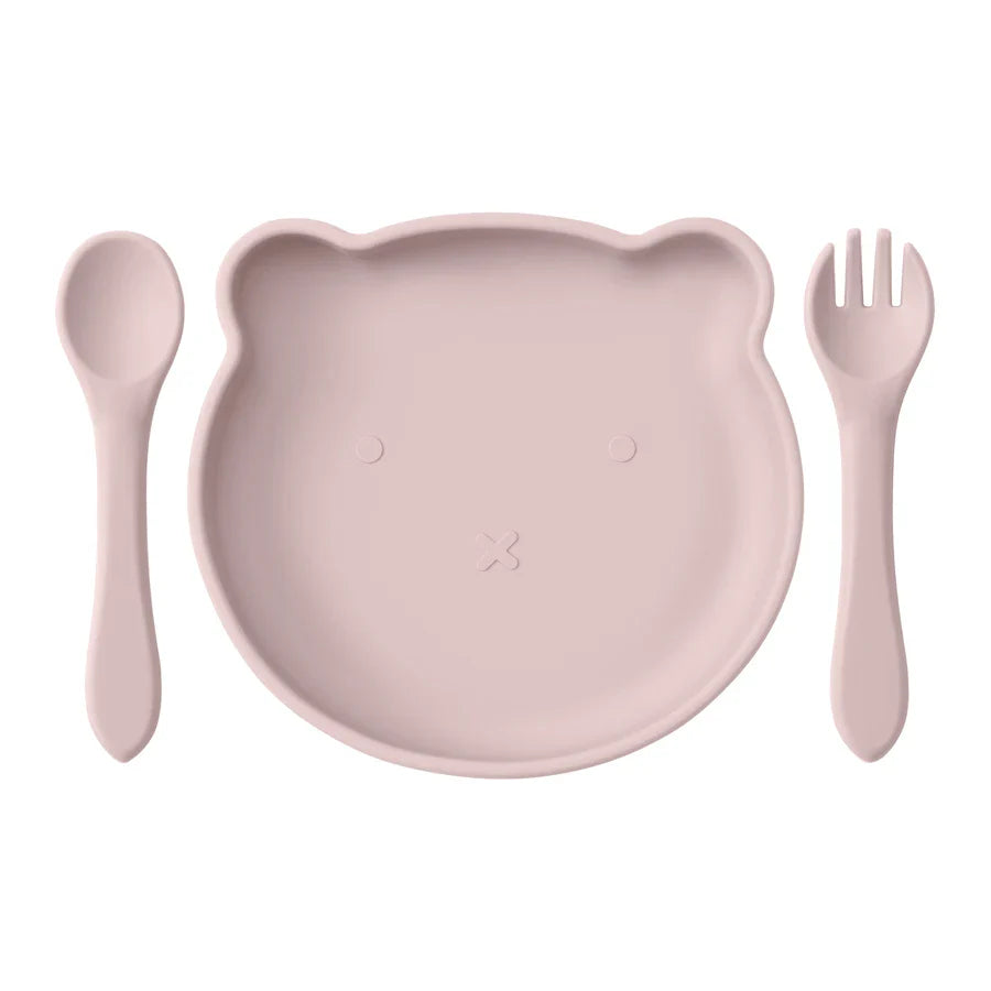 Vajilla para niños o bebé de silicona, plato con ventosa de succión sin BPA's, cuchara y tenedor.
