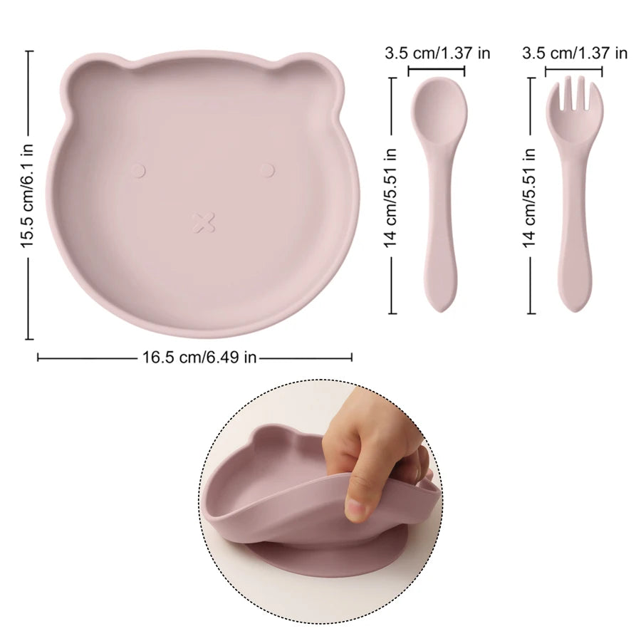 Vajilla para niños o bebé de silicona, plato con ventosa de succión sin BPA's, cuchara y tenedor.