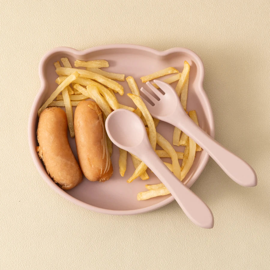 Vajilla para niños o bebé de silicona, plato con ventosa de succión sin BPA's, cuchara y tenedor.