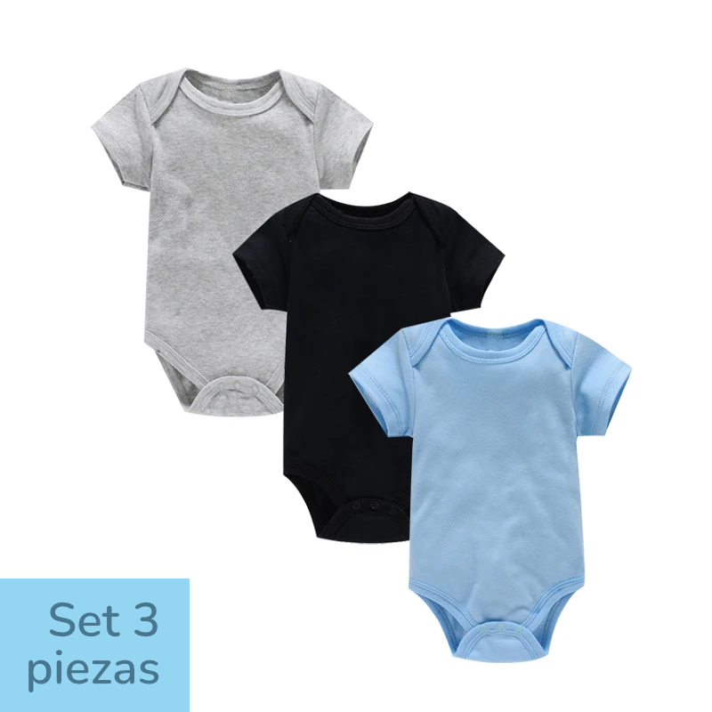 Set de 3 pañaleros de Algodón - Manga Corta y Color Sólido (0-24M)