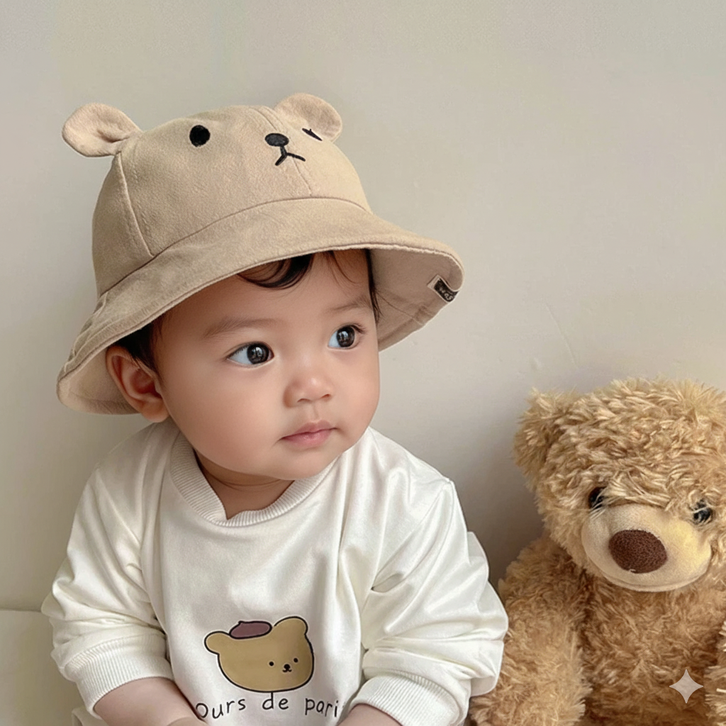 Gorro para el sol tipo cubo con Orejas de Oso: Protección y Ternura (3-18M)