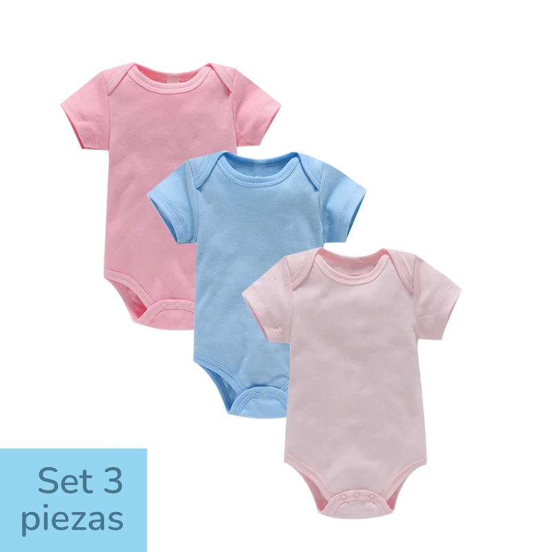 Set de 3 pañaleros de Algodón - Manga Corta y Color Sólido (0-24M)