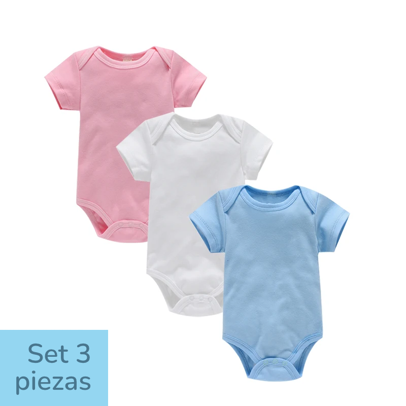 Set de 3 pañaleros de Algodón - Manga Corta y Color Sólido (0-24M)
