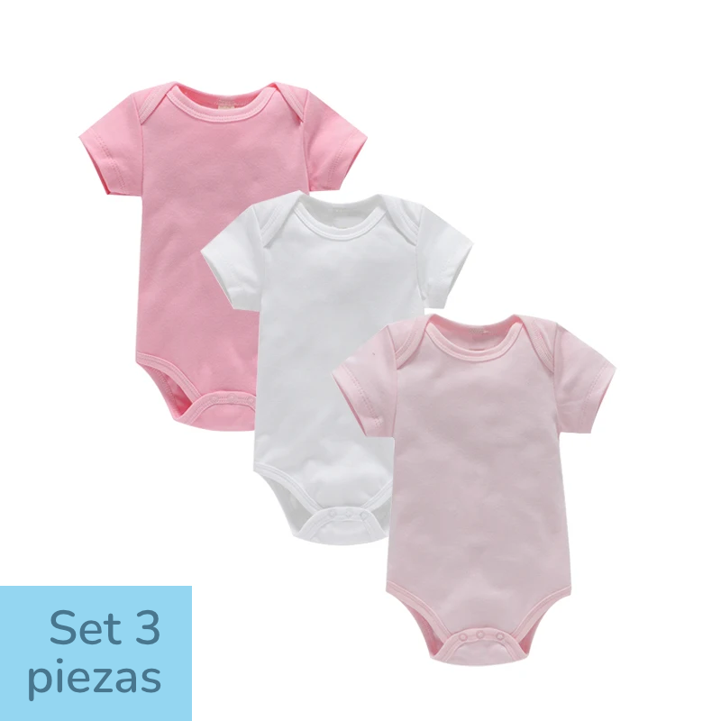 Set de 3 pañaleros de Algodón - Manga Corta y Color Sólido (0-24M)