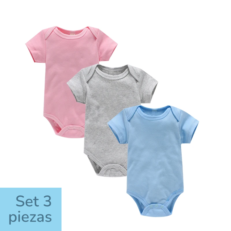 Set de 3 pañaleros de Algodón - Manga Corta y Color Sólido (0-24M)
