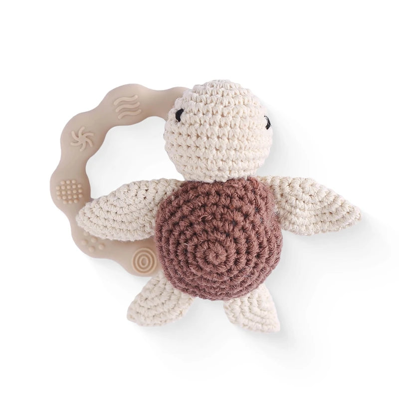 Sonaja/Mordedora de animalitos y frutas tejidos a Crochet | Anillo de Madera Natural o Silicona
