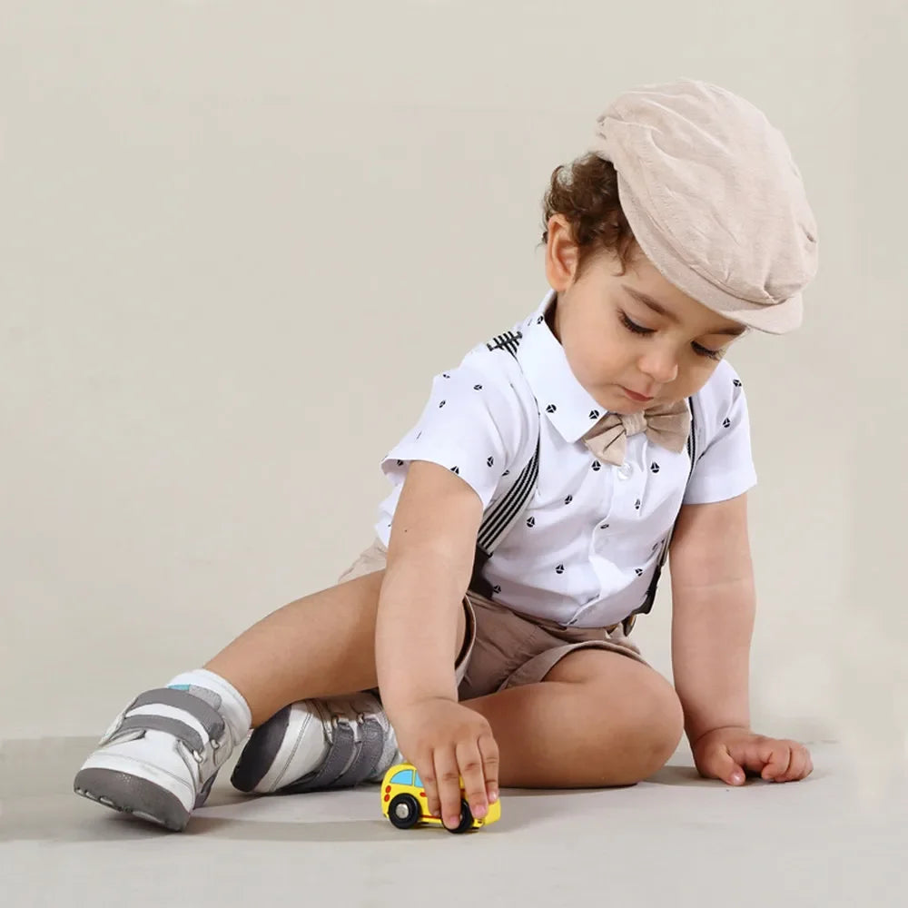 Conjunto Formal para Bebé Niño: Mameluco, Pantalón de tirantes y Gorro (0M-3T)