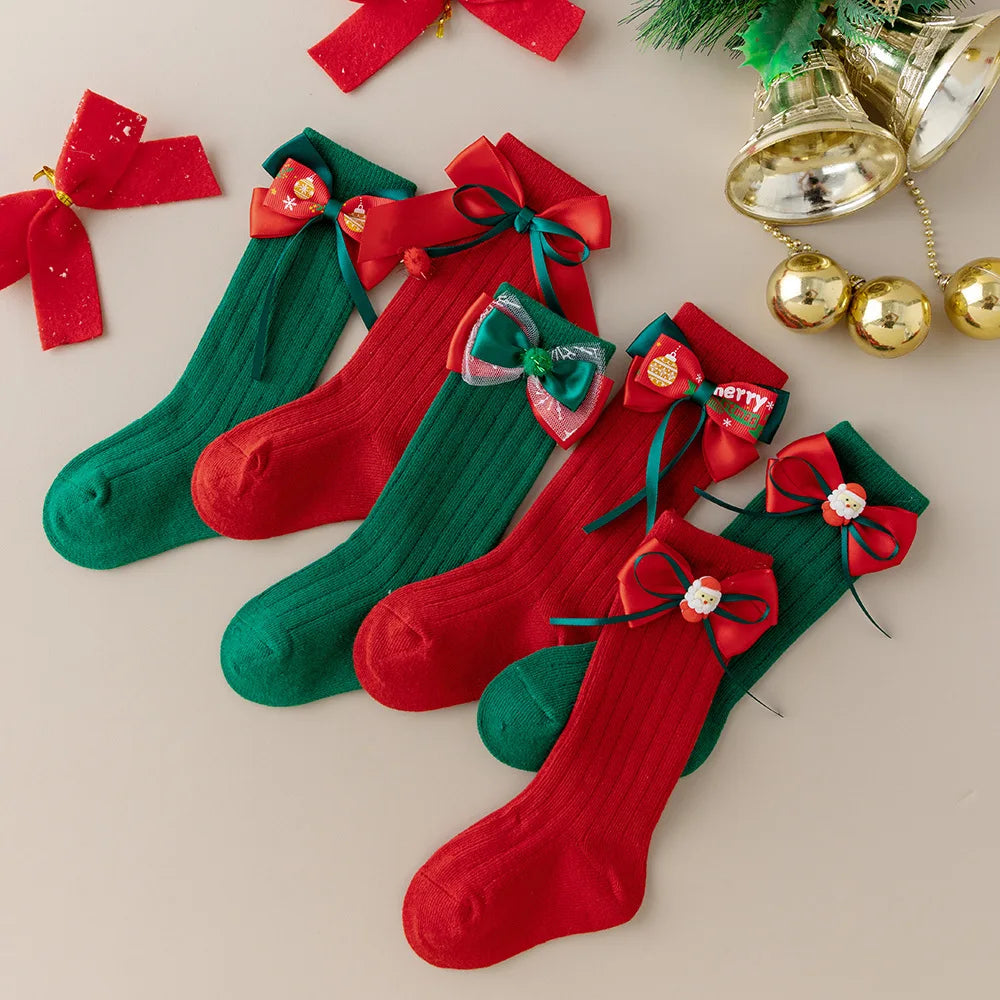 Calcetines Largos Navideños: Estilo Español y Moño (0-24M)