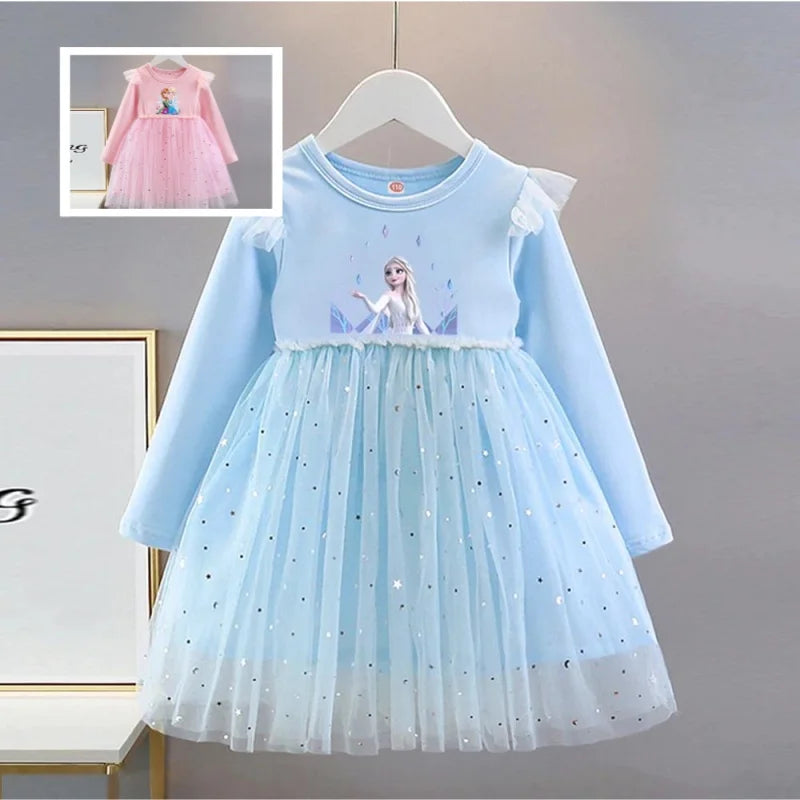Vestido de Princesa Elsa (Frozen)| Manga Larga y Falda de Tul con Brillos (18M-8T)