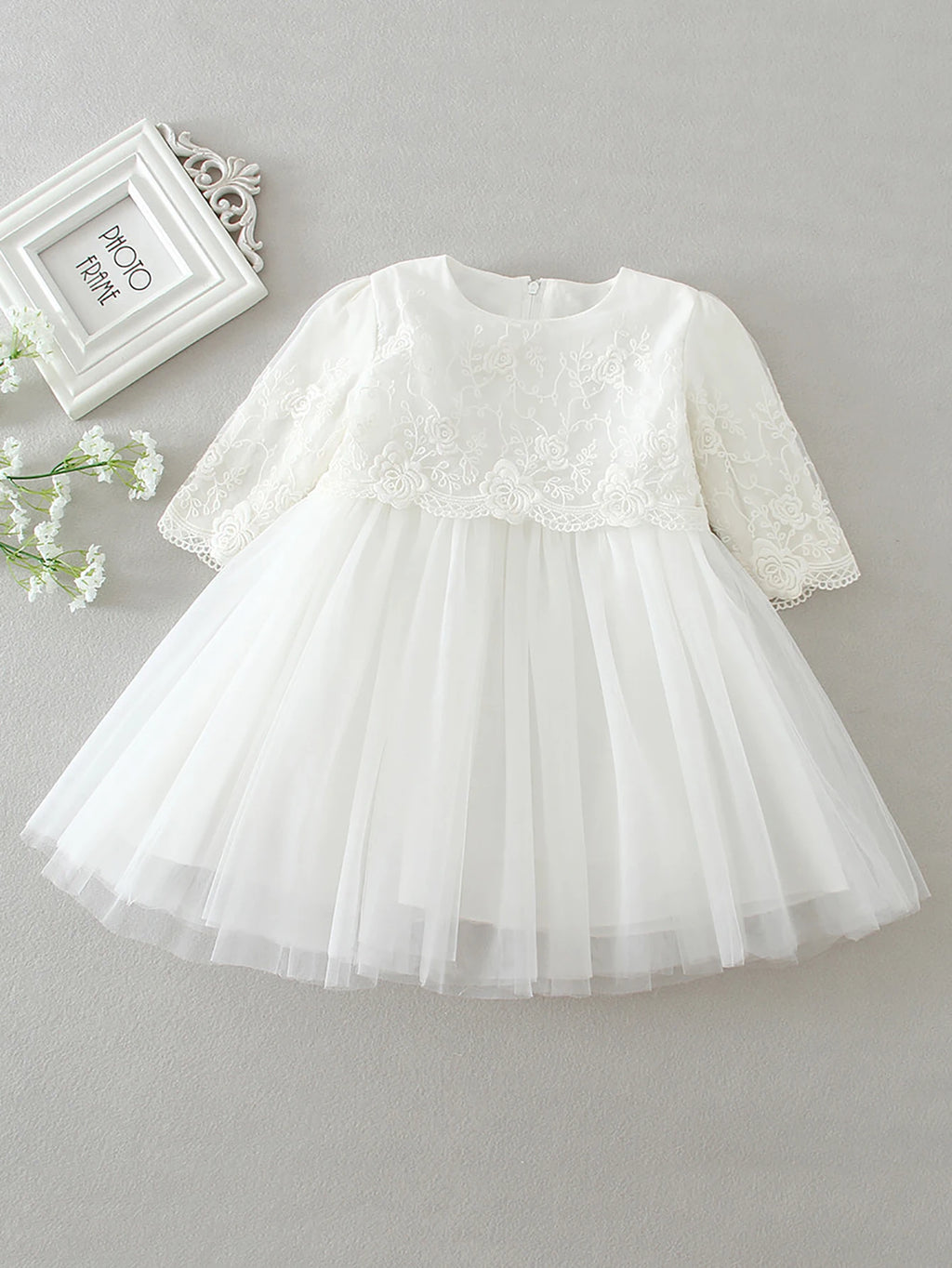 Vestido Blanco de Bautizo para Bebé: Encaje, Manga Larga y Gorro (3-24M)