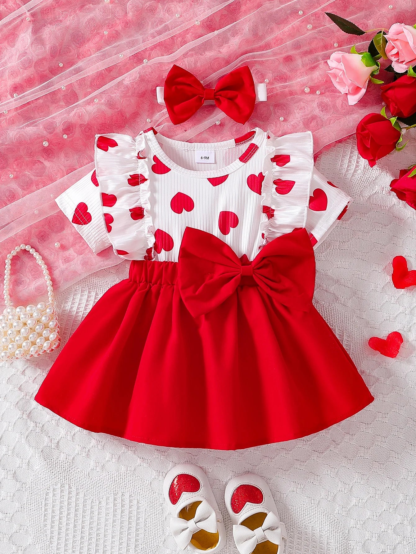 Conjunto Verano Bebé: Blusa Corazones y Falda Roja con Diadema (3-24M)