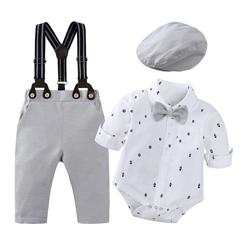 Conjunto Formal para Bebé Niño: Mameluco, Pantalón de tirantes y Gorro (0M-3T)
