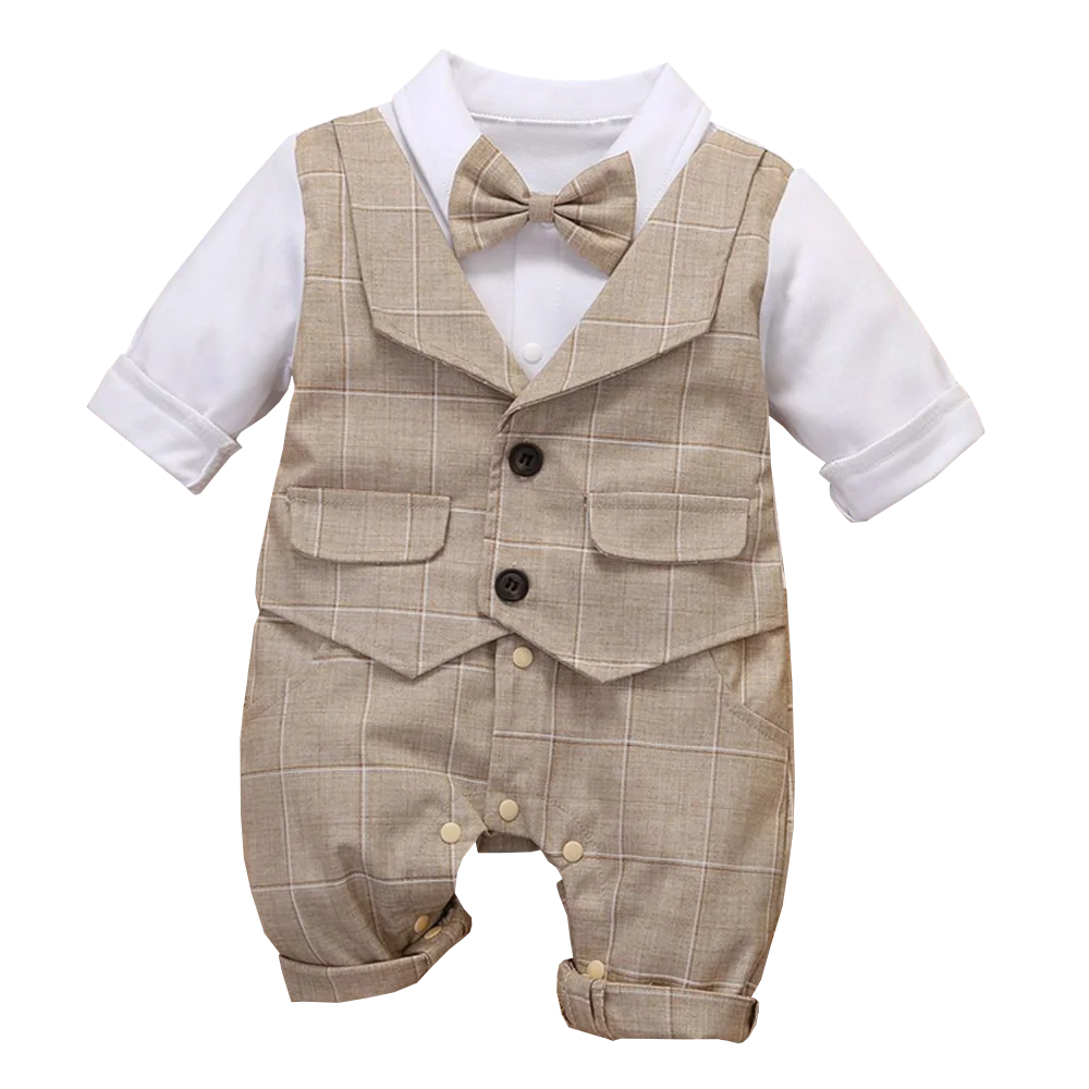 Conjunto Formal de Bebé Niño: Mameluco de Cuadros y Corbata de Moño (0-24M)