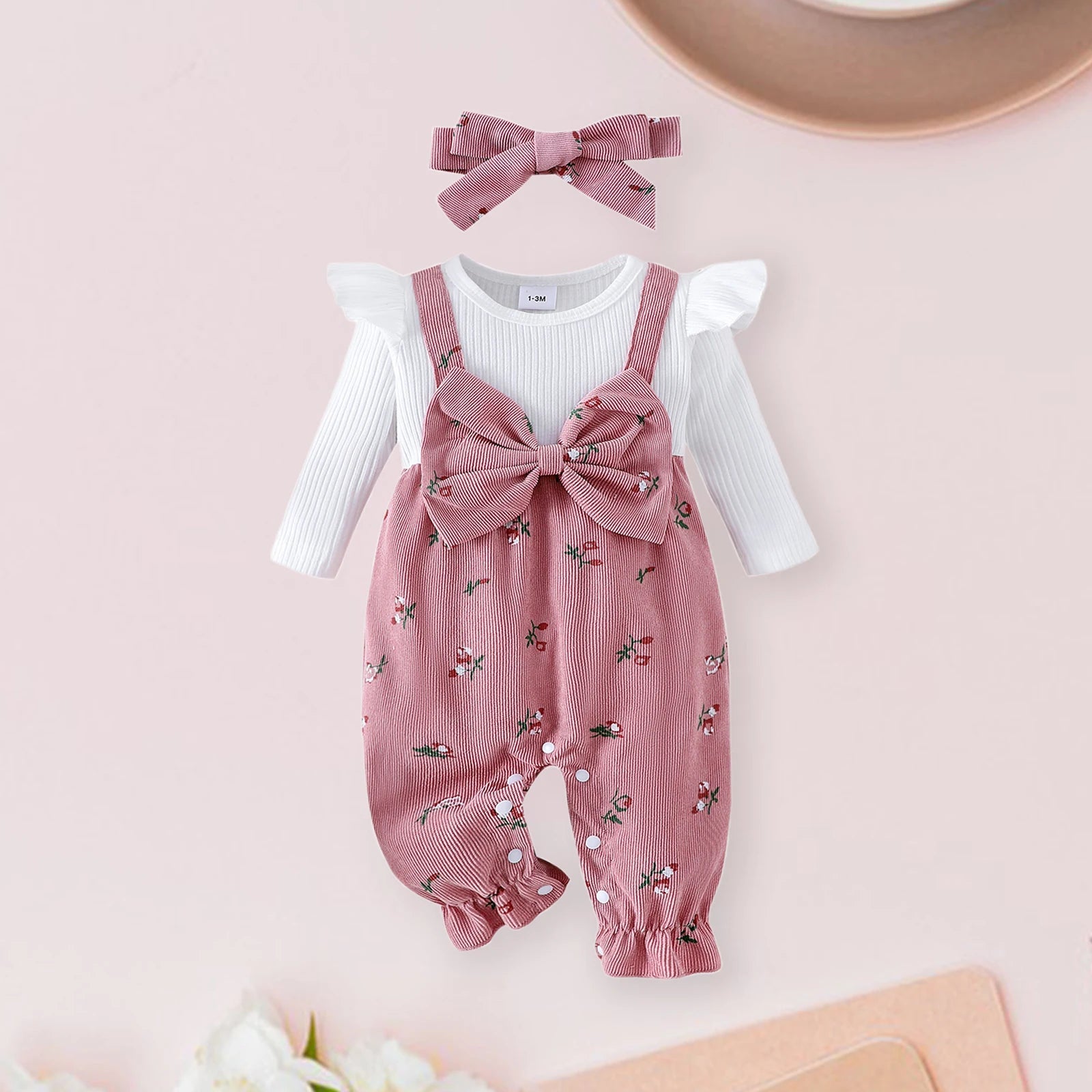 Conjunto Mameluco Floral de Pana con Diadema Chic (0-18M)