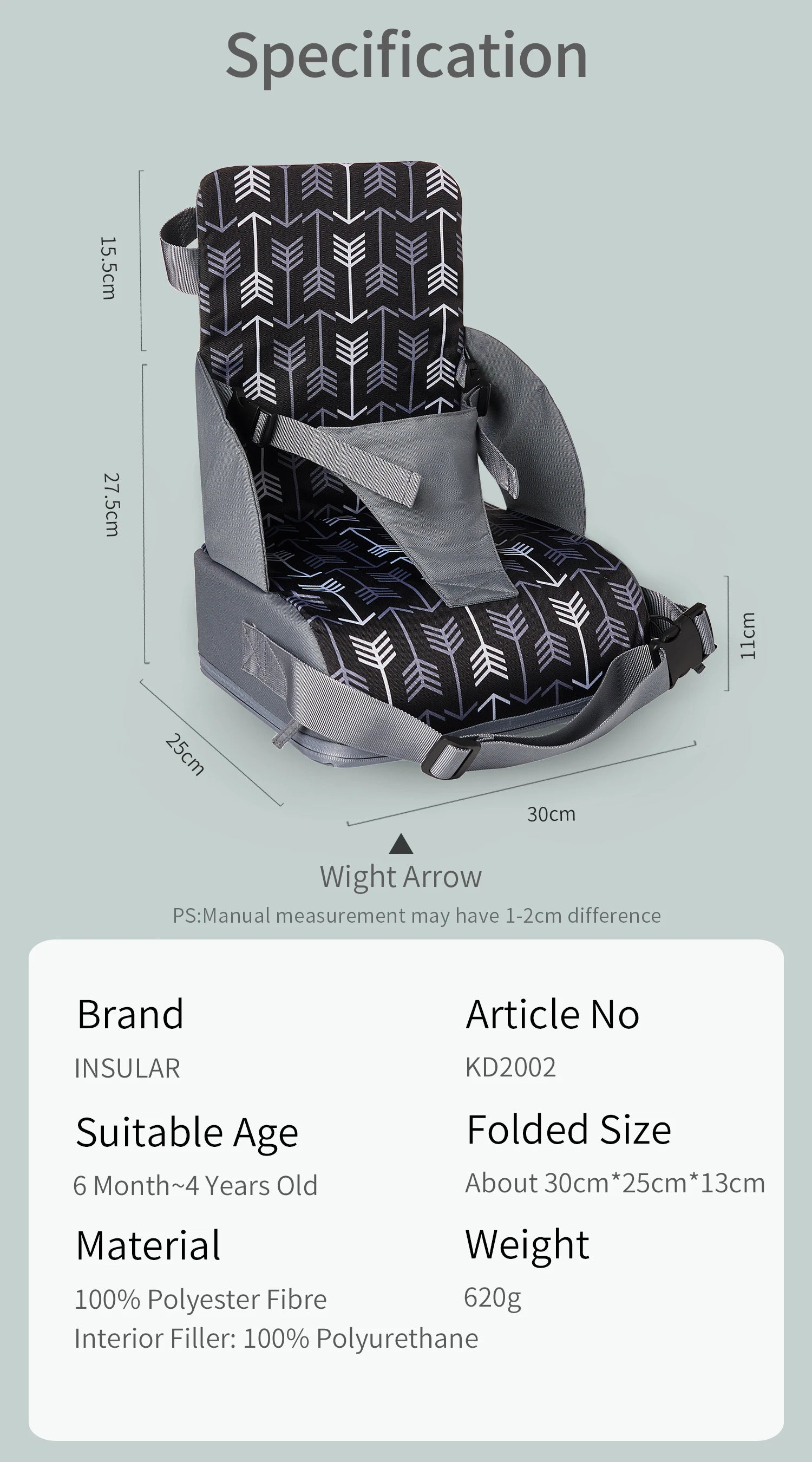 Cojín Elevador asiento portátil Plegable INSULAR para Silla de Comida