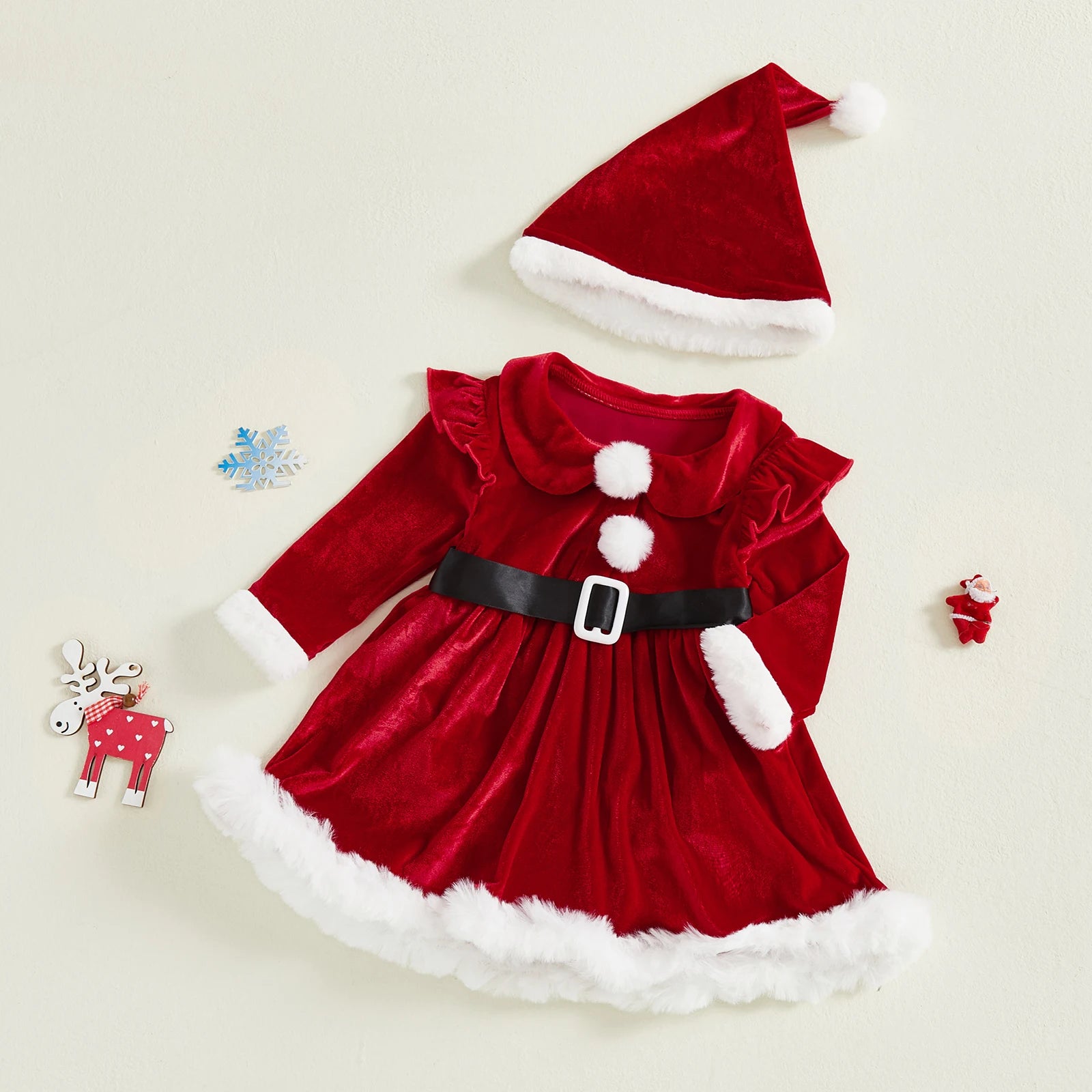 Conjunto Navideño de Terciopelo para Bebé Niña (Vestido-Mameluco + Gorro)