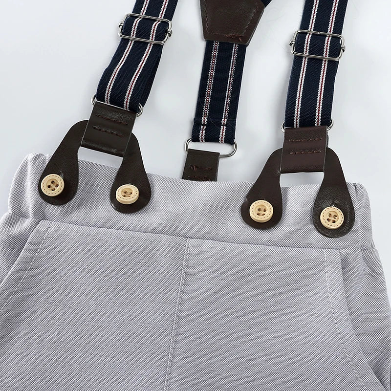 Conjunto Formal para Bebé Niño: Mameluco, Pantalón de tirantes y Gorro (0M-3T)
