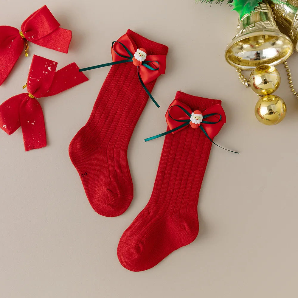 Calcetines Largos Navideños: Estilo Español y Moño (0-24M)