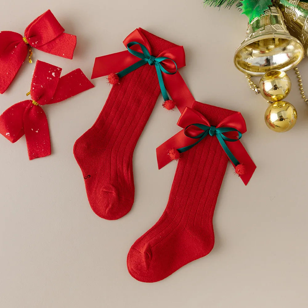 Calcetines Largos Navideños: Estilo Español y Moño (0-24M)