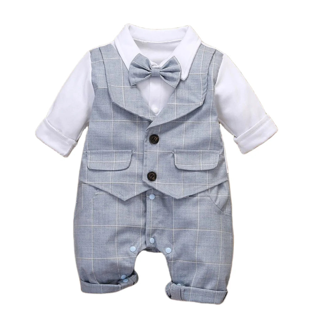 Conjunto Formal de Bebé Niño: Mameluco de Cuadros y Corbata de Moño (0-24M)