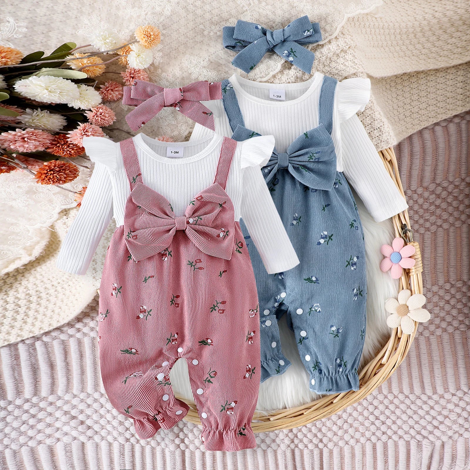 Conjunto Mameluco Floral de Pana con Diadema Chic (0-18M)