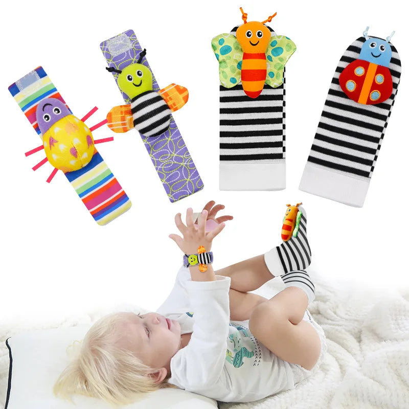 Kit de 4 Juguetes Sonajeros de Muñeca y Calcetín - Estimulación y Diversión de 0 a 12 Meses