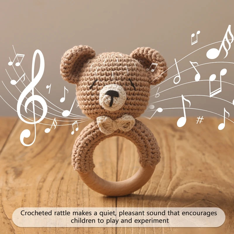 Sonaja/Mordedora de animalitos y frutas tejidos a Crochet | Anillo de Madera Natural o Silicona