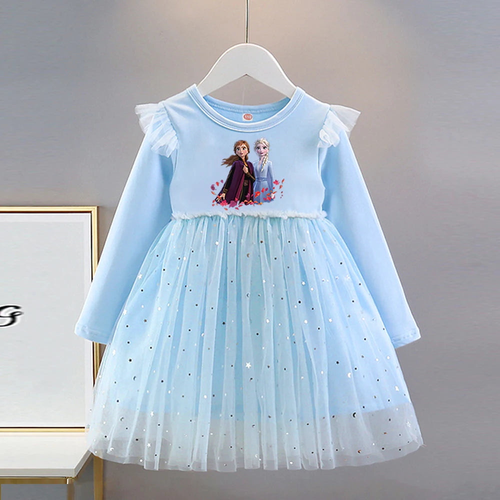 Vestido de Princesa Elsa (Frozen)| Manga Larga y Falda de Tul con Brillos (18M-8T)