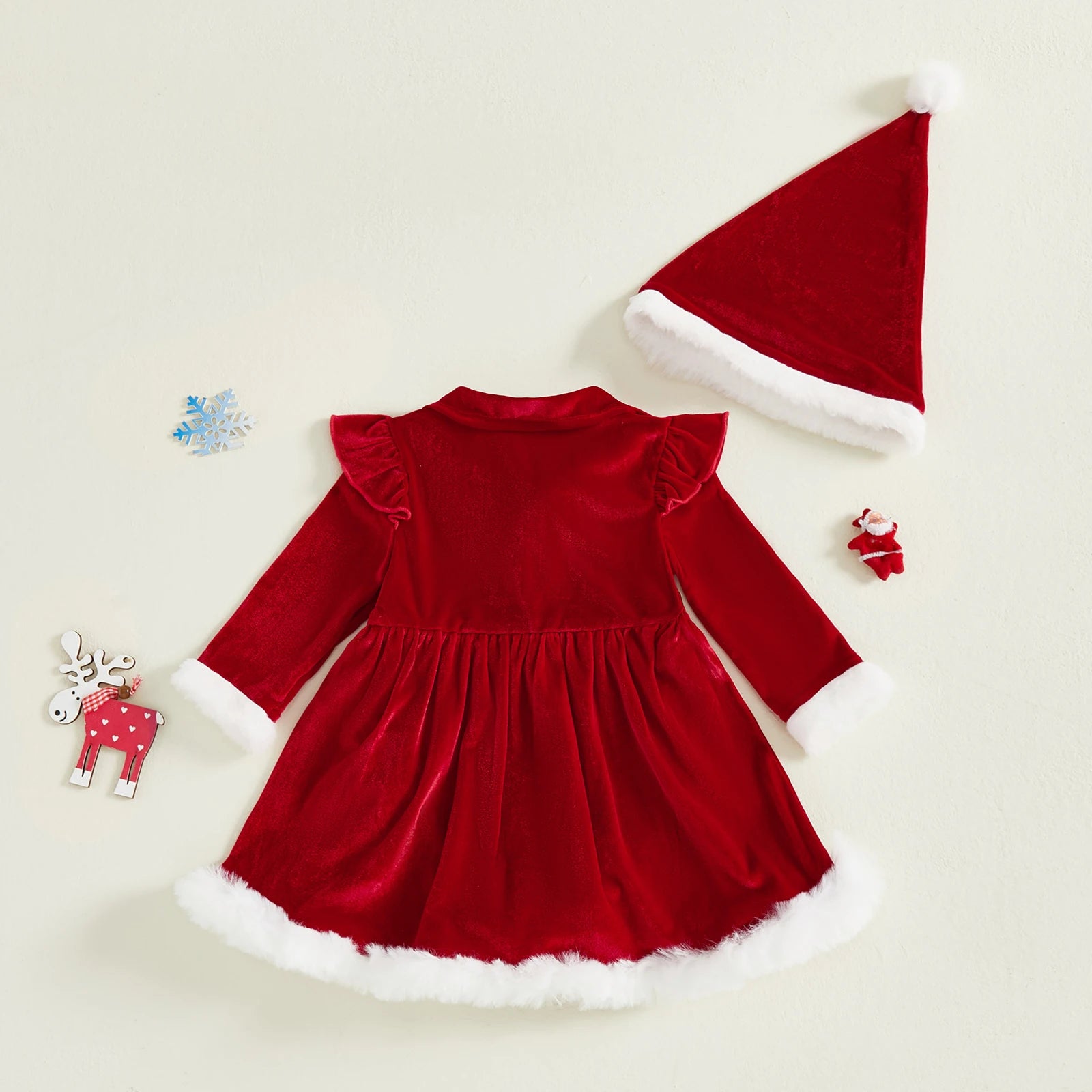 Conjunto Navideño de Terciopelo para Bebé Niña (Vestido-Mameluco + Gorro)