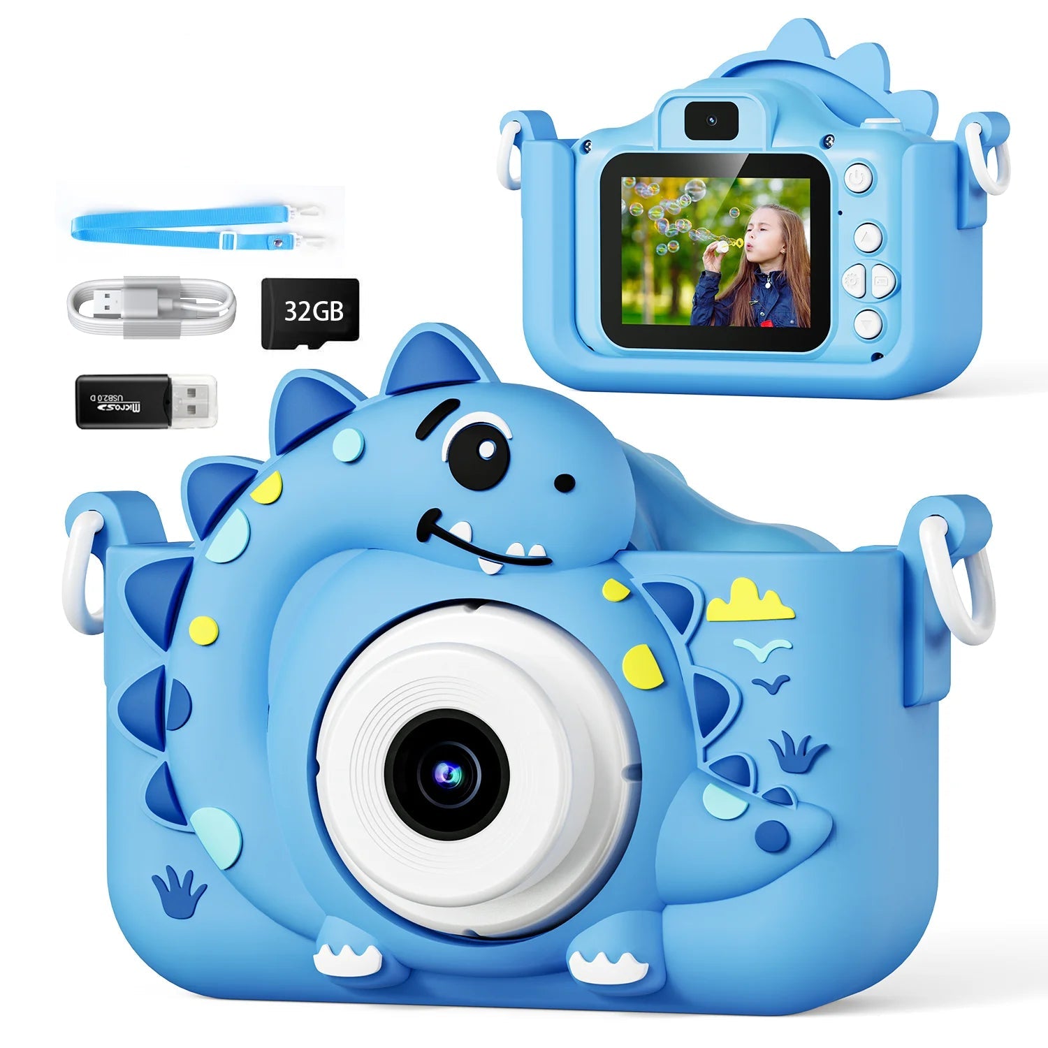 Cámara Digital HD 1080P para Niños | Diseño de Dinosaurio, Doble Cámara, 32GB Incluidos
