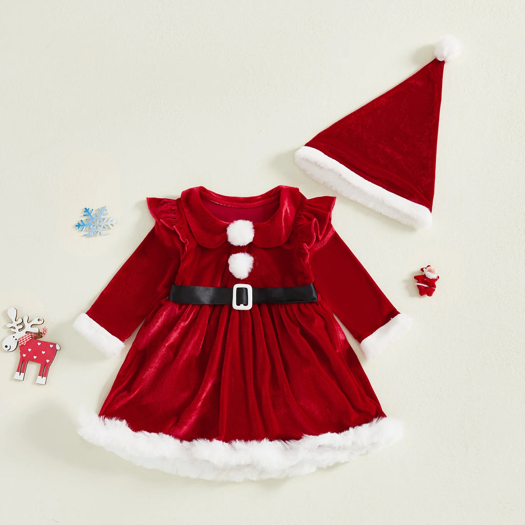 Conjunto de vestido navideño (Vestido-Mameluco + Gorro) (0-24M)