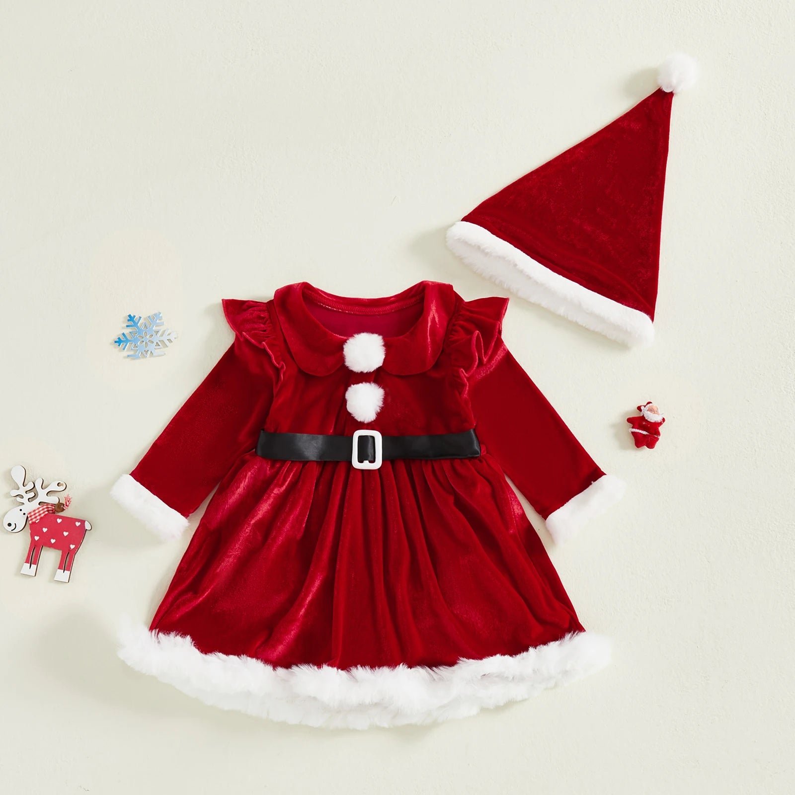 Conjunto Navideño de Terciopelo para Bebé Niña (Vestido-Mameluco + Gorro)