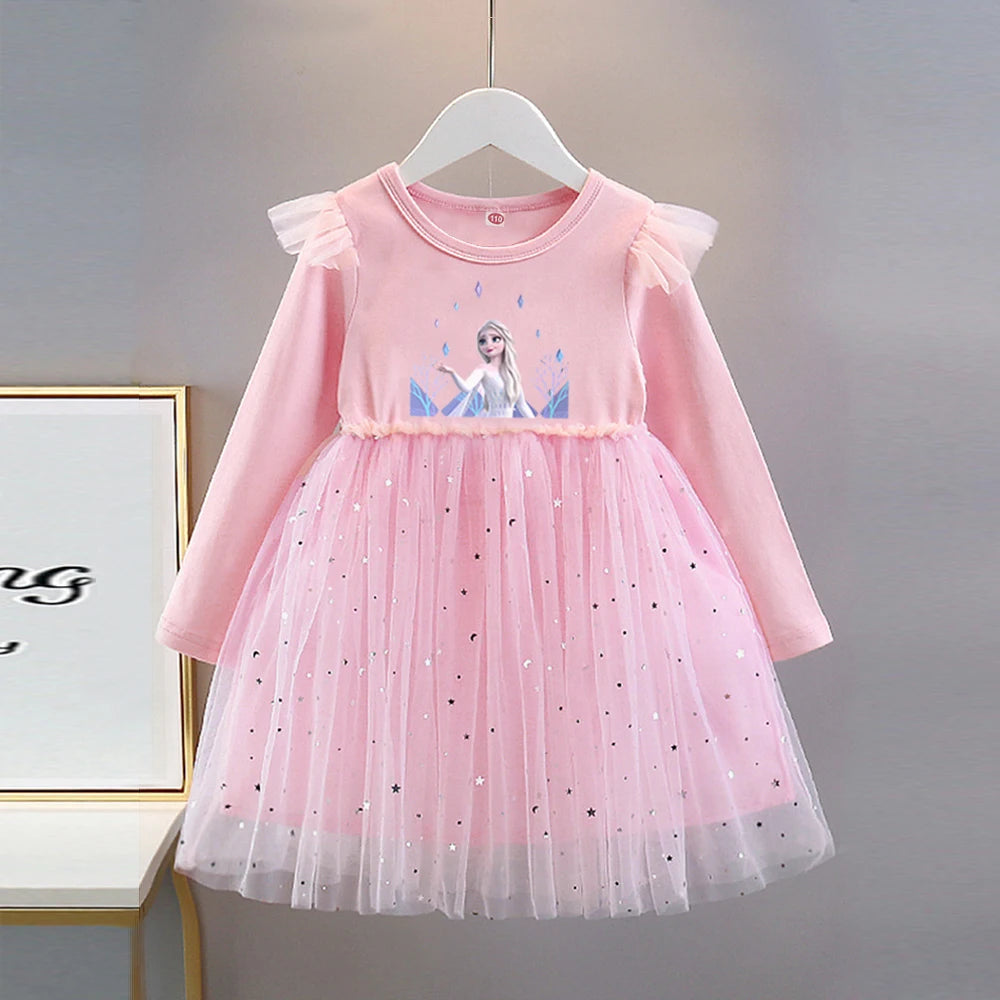 Vestido de Princesa Elsa (Frozen)| Manga Larga y Falda de Tul con Brillos (18M-8T)