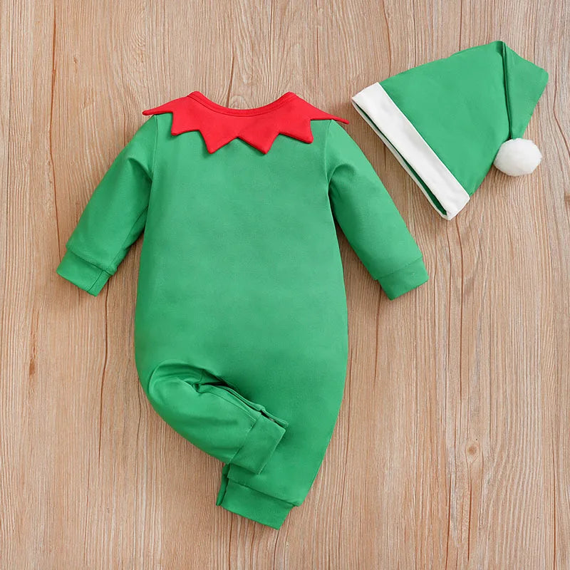 Disfraz de Duende Navideño: Mameluco y Gorro Festivo (0-18M)