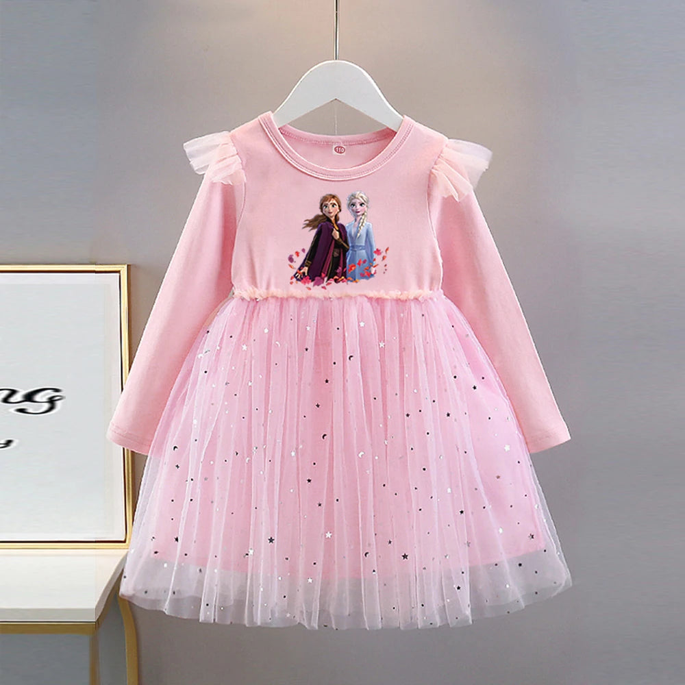 Vestido de Princesa Elsa (Frozen)| Manga Larga y Falda de Tul con Brillos (18M-8T)