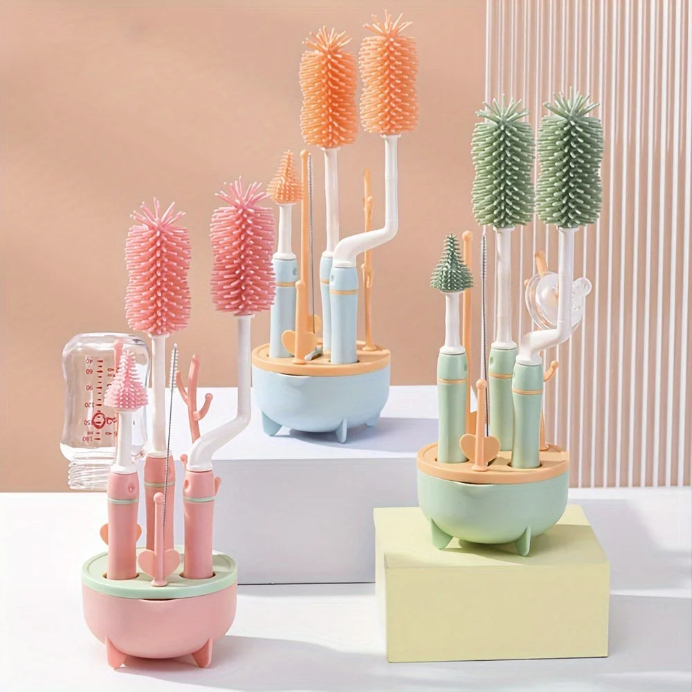 Set de 4 Cepillos de Silicona para Biberones | Limpieza 360°, Higiénico y de Mango Largo
