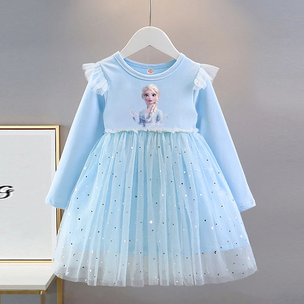 Vestido de Princesa Elsa (Frozen)| Manga Larga y Falda de Tul con Brillos (18M-8T)