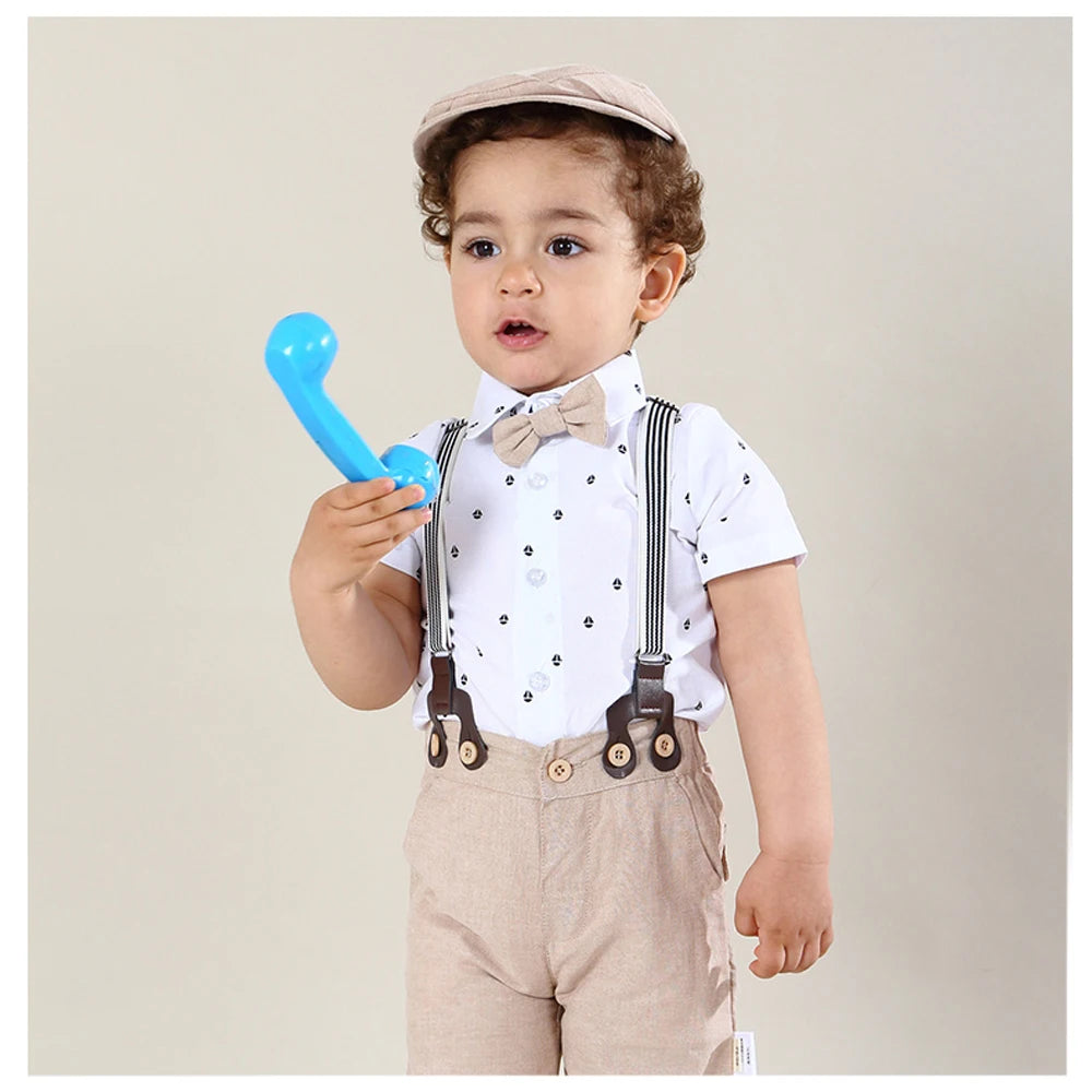 Conjunto Formal para Bebé Niño: Mameluco, Pantalón de tirantes y Gorro (0M-3T)