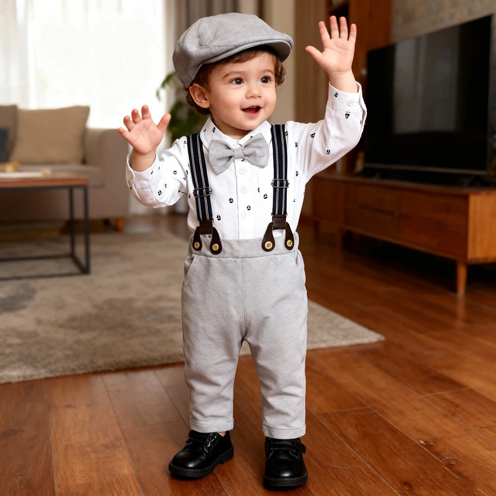 Conjunto Formal para Bebé Niño: Mameluco, Pantalón de tirantes y Gorro (0M-3T)