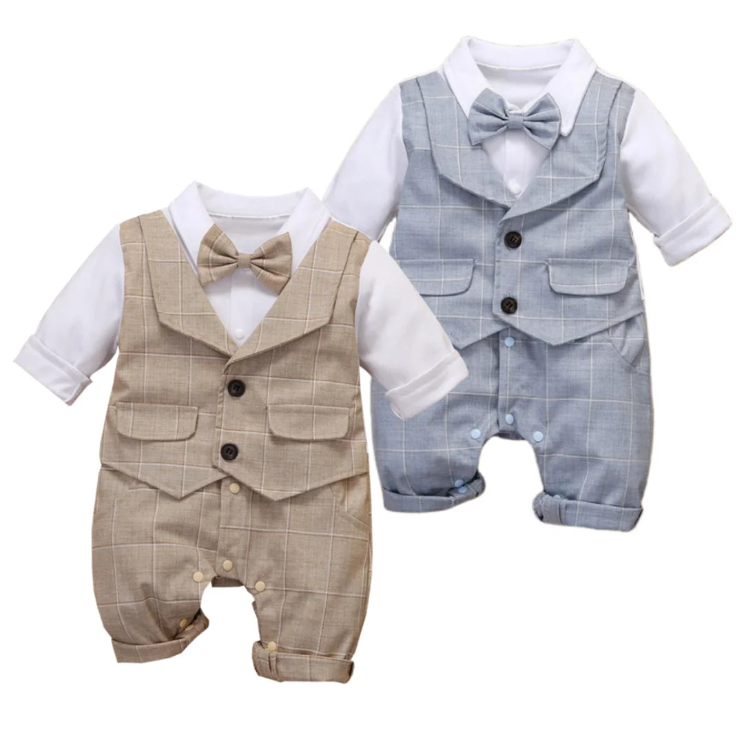 Conjunto Formal de Bebé Niño: Mameluco de Cuadros y Corbata de Moño (0-24M)