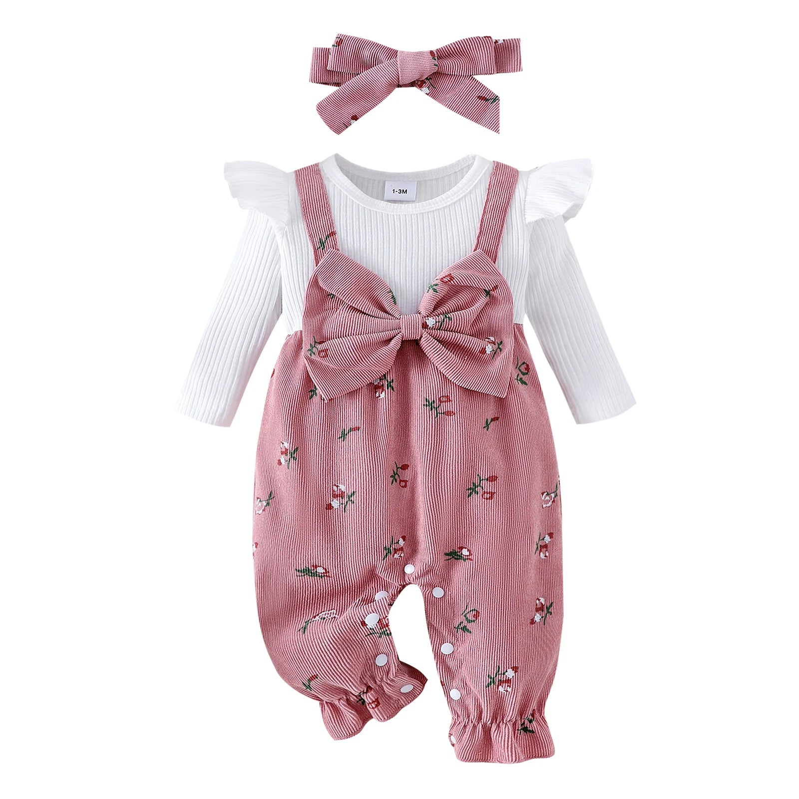 Conjunto Mameluco Floral de Pana con Diadema Chic (0-18M)
