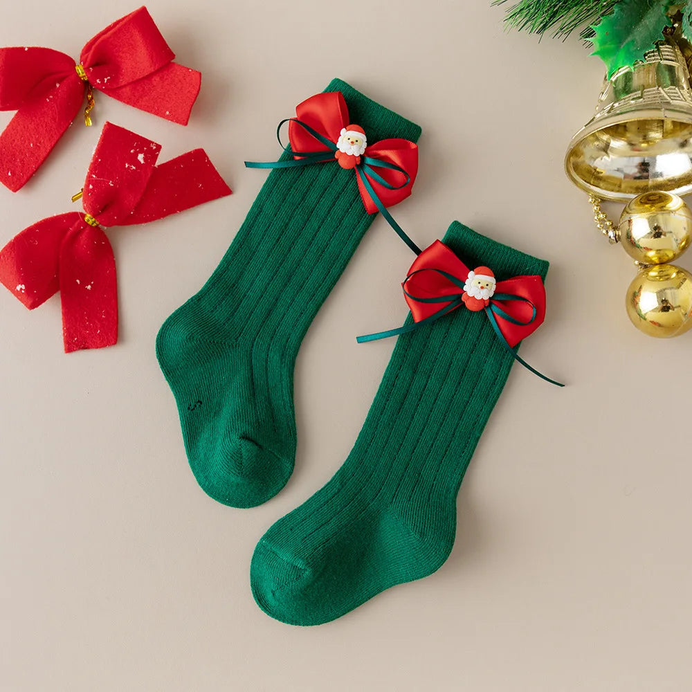 Calcetines Largos Navideños: Estilo Español y Moño (0-24M)