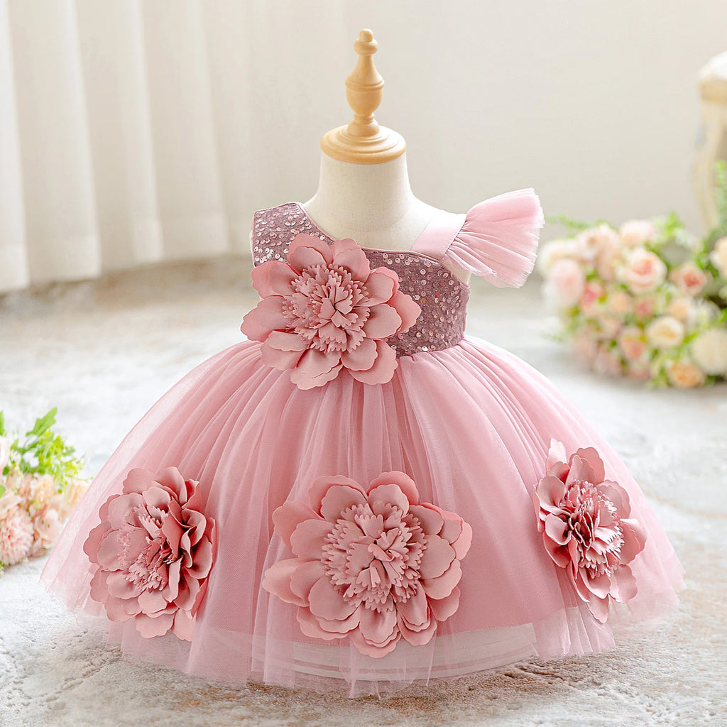 Vestido Elegante de Flores y Lentejuelas para Bebé Niña| Ideal para Bautizos y Primer Cumpleaños  (6M-3T)