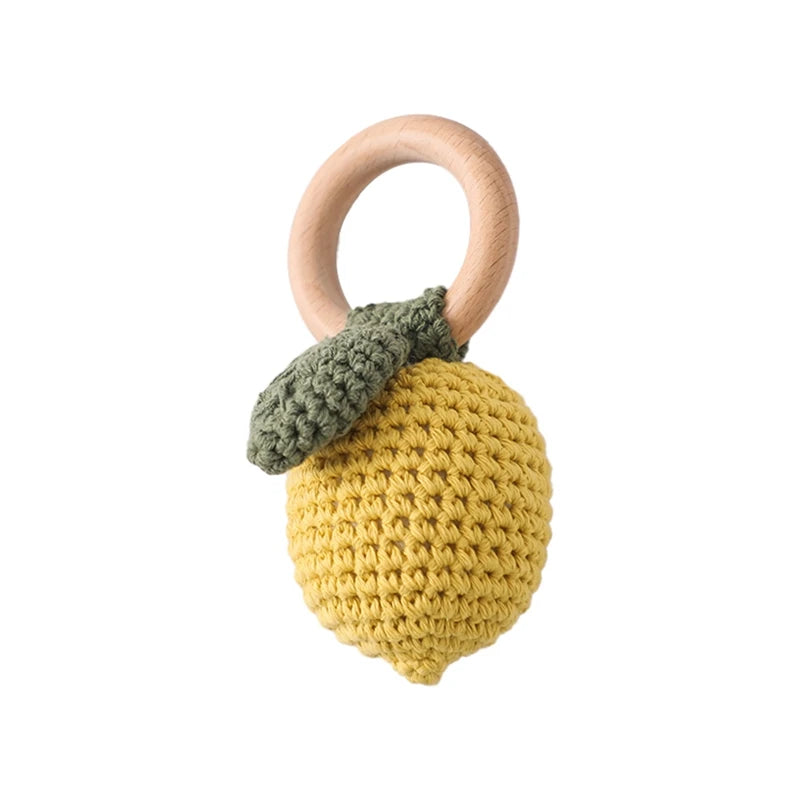 Sonaja/Mordedora de animalitos y frutas tejidos a Crochet | Anillo de Madera Natural o Silicona