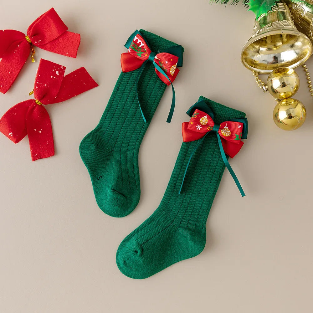Calcetines Largos Navideños: Estilo Español y Moño (0-24M)