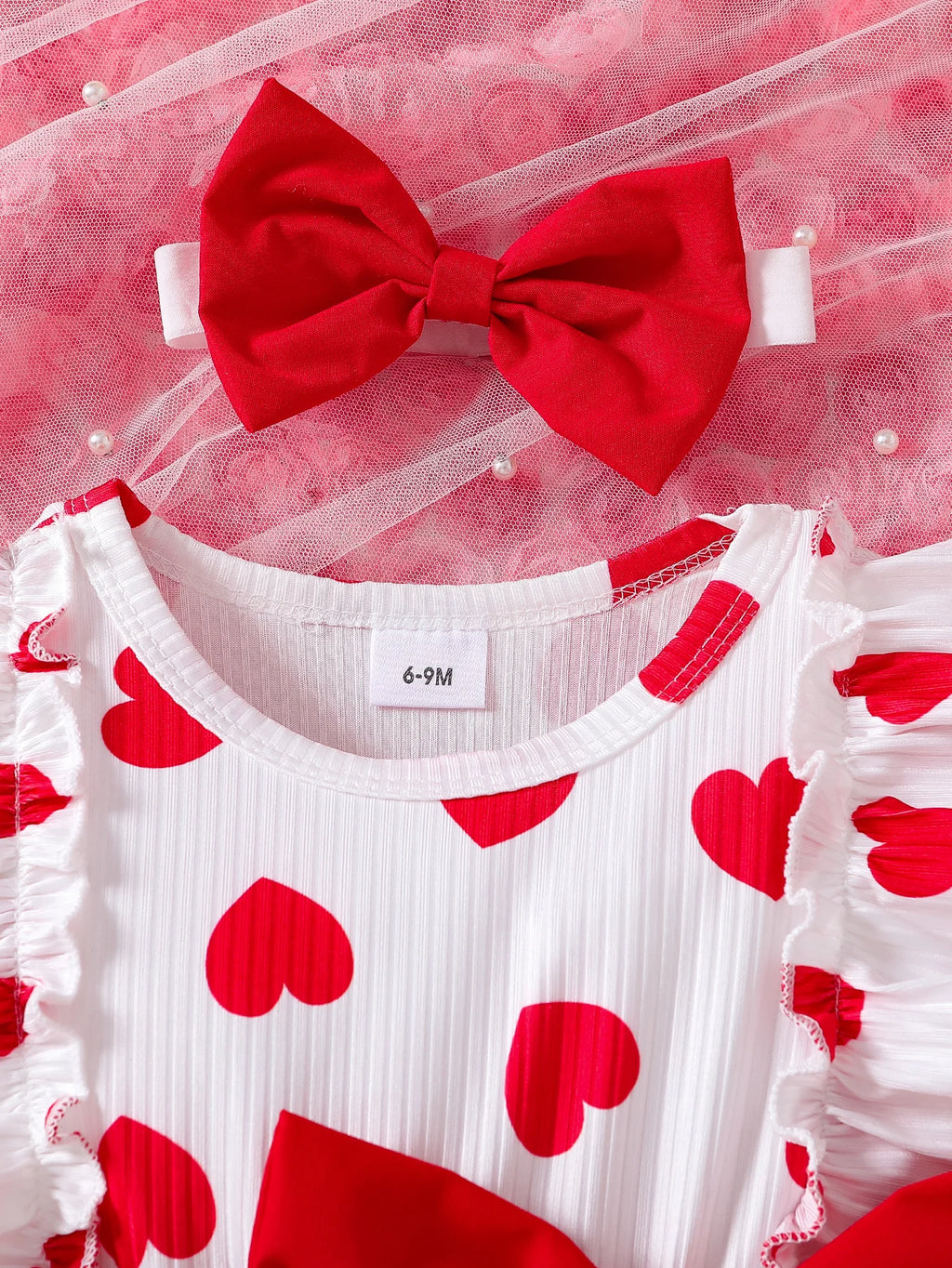 Conjunto Verano Bebé: Blusa Corazones y Falda Roja con Diadema (3-24M)