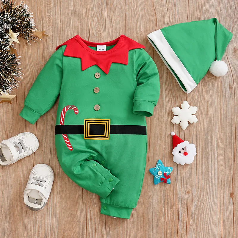 Disfraz de Duende Navideño: Mameluco y Gorro Festivo (0-18M)