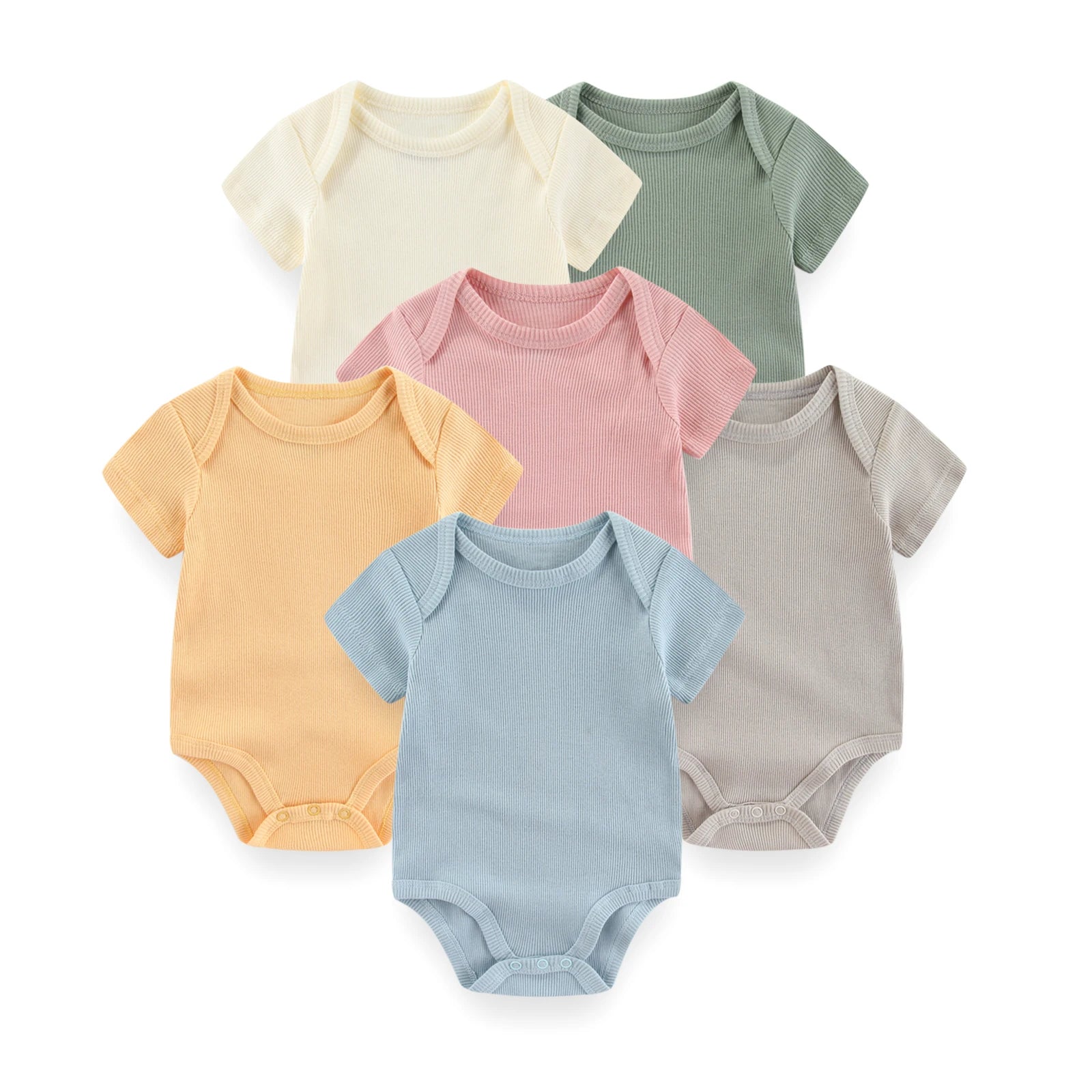Set de 6 Bodys de Algodón Unisex - Manga Corta y Color Sólido (0-12M)