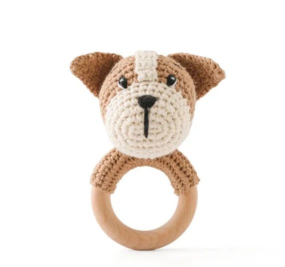 Sonaja/Mordedora de animalitos y frutas tejidos a Crochet | Anillo de Madera Natural o Silicona
